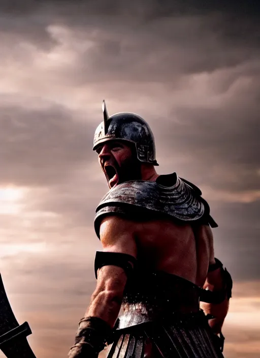 Image similar to cinematic film still of joe biden as leonidas shouting in 3 0 0 movie, 8 k, epic moody sky, dramatic lighting