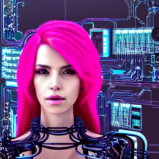 Prompt: portrait of a beautiful mexican woman with pink hair as a cyberpunk cyborg half robot, revealing wires and electronics, circuit boards, wire management, sci - fi, missing panels, intricate abstract upper body intricate artwork, concept art, octane render, deviantart, cinematic, key art, hyperrealism, iridescent accents, portrait photograph, nikon 3 5 mm, photograph by greg rutkowski