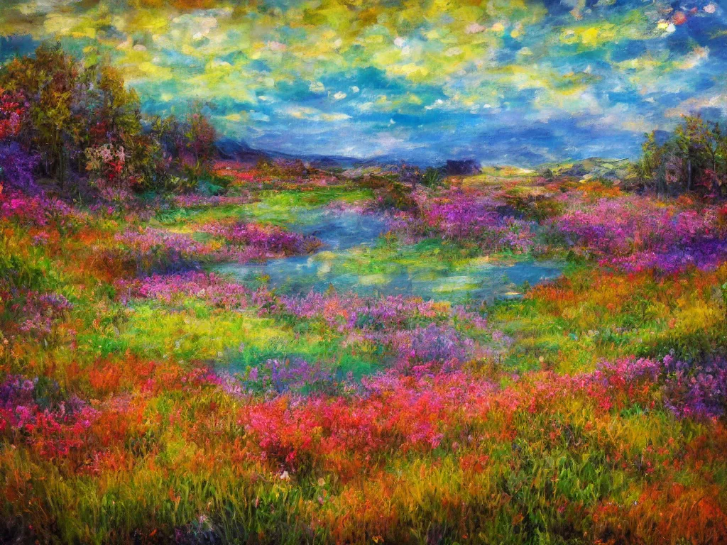 Image similar to an impressionist painting of a gorgeous meadow filled with colorful mushrooms with a stream flowing through it, psychedelic colors, colorful sky in background, high detail, trending on artstation