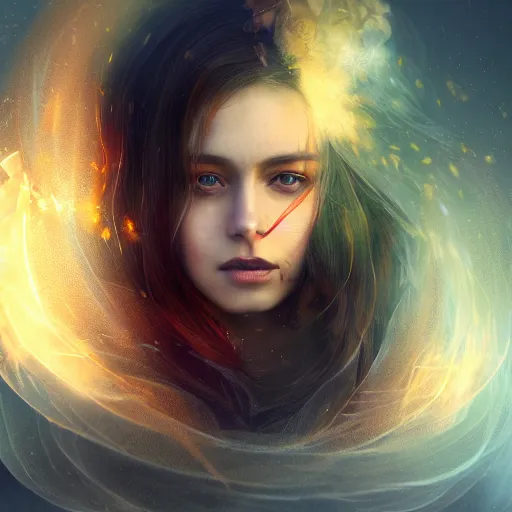 Prompt: masterpiece portrait of an aesthetic beautiful realistic fire mage woman, 3 0 years old woman, hair with lighter colorful strands, wearing a thin golden diadem with ruby inlays, digital painting by wlop and by joachim bergauer, cinematic lights, atmospheric effects and fog in the background, 8 k, octane render, artstation, deviantart, instagram