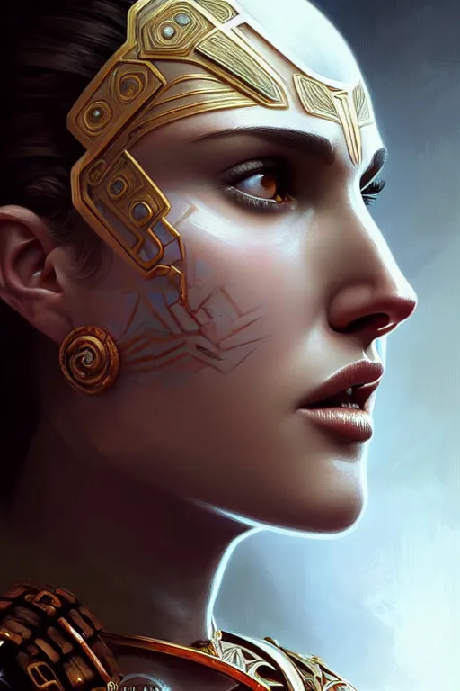 Image similar to symmetry!! portrait of natalie portman in the style of god of war, machine parts embedded into face, intricate, elegant, highly detailed, digital painting, artstation, concept art, smooth, sharp focus, illustration, art by artgerm and greg rutkowski and alphonse mucha, 8 k