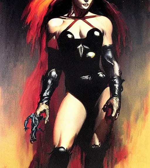 Prompt: seventies horror actress, dark night, strong line, deep color, beautiful! coherent! by brom, by frank frazetta,