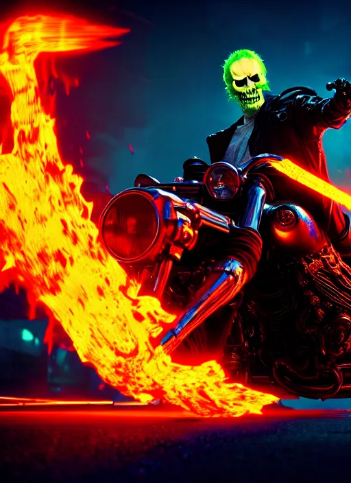 Image similar to epic wicked evil nasty filthy cyberpunk ghost rider, 8K, trending on ArtStation, vivid colors, grungy, photographic emulsion, horror masterpiece, cinematic lighting, still from dramatic action sequence, grattage