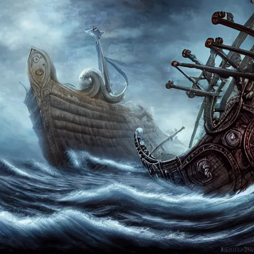 Image similar to kraken breaking epic viking ship, kraken, wrecked ship, centered in picture, epic fantasy, detailed, intricate, digital painting, concept art, realistic, smooth, focus, rim light
