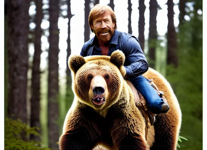 Image similar to photo of chuck norris riding his grizzly bear, in the forest. fantasy magic style. highly detailed 8 k. intricate. life - like. soft light. sony a 7 r iv 5 5 mm.