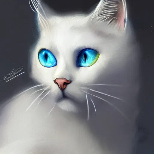 Image similar to a beautiful white cat with blue and yellow eyes, sci-fi, fantasy, highly detailed, digital painting