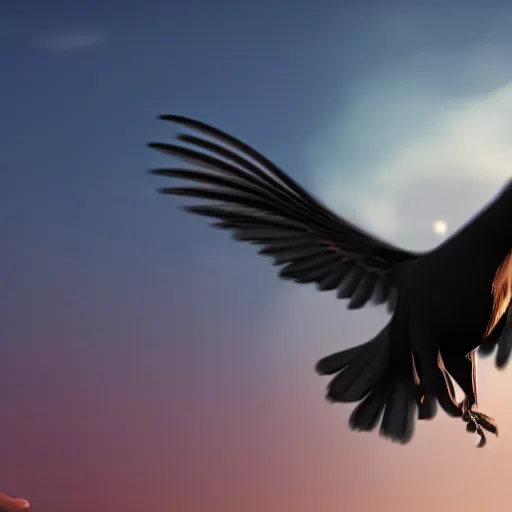 Prompt: a wholesome animation key shot of a crow flying towards an island in the night, medium shot, studio ghibli, pixar and disney animation, sharp, rendered in unreal engine 5, anime key art by greg rutkowski, bloom, dramatic lighting