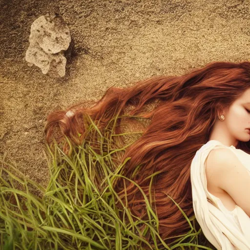 Prompt: Photo of a pretty woman with long wavy hair, wearing a classical dress, eyes closed, sleeping, setting in nature, outside, highly detailed, sharp focus, cinematic lighting, HD, 8K, award winning photography