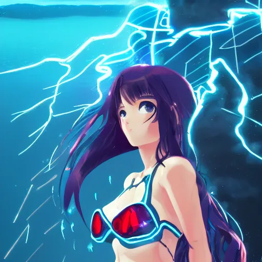 Prompt: digital anime!!, cyborg - girl standing in a azure blue crystal lake, lightning, raining!!, water refractions!!, black red long hair!, biomechanical details, neon background lighting, reflections, wlop, ilya kuvshinov, artgerm
