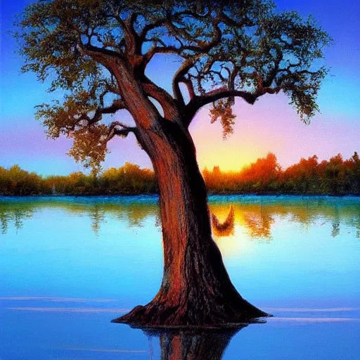 Image similar to beautiful paiting of an oak tree growing in the middle of a lake at dusk, by bob ross