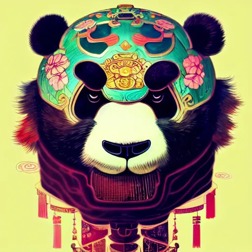 Image similar to a beautiful hyperdetailed character design 4 k wallpaper illustration of a cute panda with a chinese lion dance head victo ngai cyberpunk style, from china, style of studio ghibli, makoto shinkai, raphael lacoste, louis comfort tiffany, artgerm, james jean, ross tran, chinese style