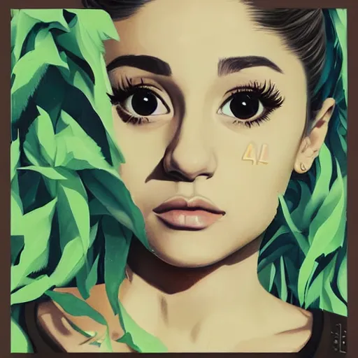 Prompt: ariana grande portrait painting, matte paint, street art, by sachin teng : 5 marijuana, dope, smoke, hard edges, green, geometric shapes, fisheye lens, sexy, by sachin teng : 6