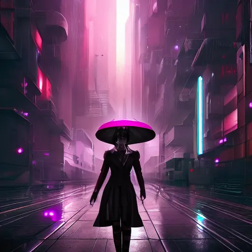 Image similar to a picture of a woman holding an umbrella, futuristic city, cyberpunk art by fyodor vasilyev, zbrush central contest winner, cubo - futurism, synthwave, darksynth, retrowave