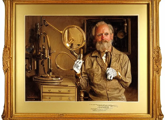 Image similar to a highly detailed golden portrait of a dentist, james gurney, james jean