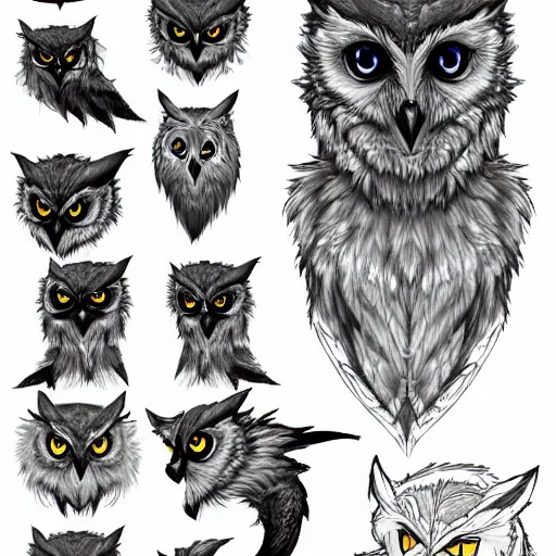 Image similar to mixture between an! owl and wolf, character reference sheet, featured on artstation