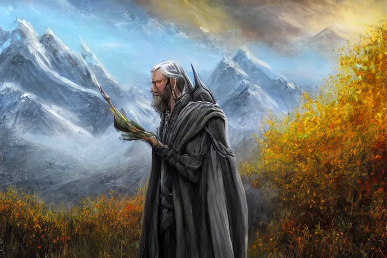 Image similar to concept art, mood painting, environment painting, gondor man holding white flower looking at flower large field autumn october snow capped mountains in background lord of the rings lotr. style of, ryan church, jon mccoy, george hull, painting