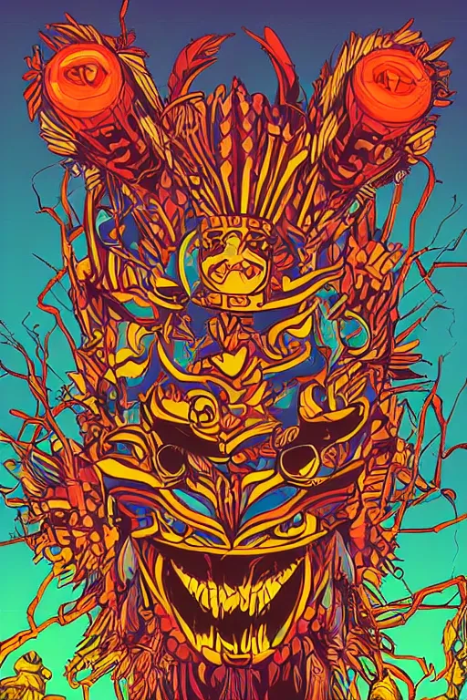 Image similar to totem animal mask tribal feather gemstone plant wood rock shaman vodoo video game vector illustration vivid color borderlands by josan gonzales and dan mumford radiating a glowing aura