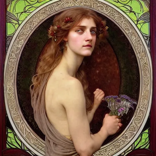 Image similar to detailed portrait art nouveau painting of the goddess of the soil, backlit, who resembles Saoirse Ronan, Kate Moss, and Emma Watson with anxious, piercing eyes, by Alphonse Mucha, Michael Whelan, William Adolphe Bouguereau, John Williams Waterhouse, and Donato Giancola