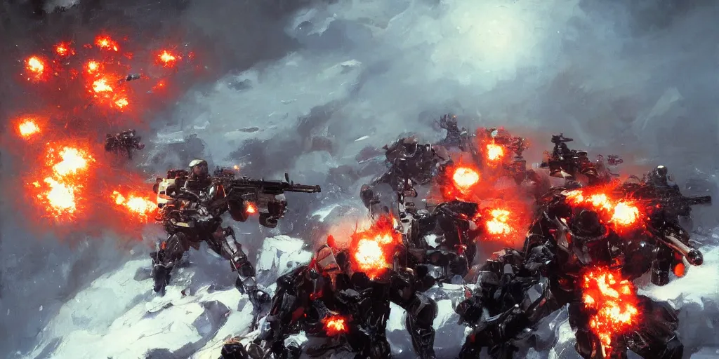 Prompt: Intense vibrant film still of infantry explosions and fire charging across a bridge, metal gear solid, snowy blizzard mechs, oil painting by John Singer Sargent, Adrian Smith, Greg Rutkowski, Trending on Artstation