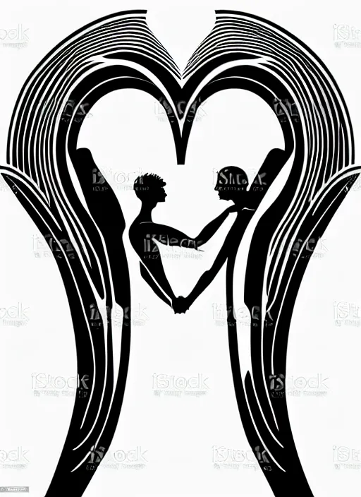 Prompt: vector art by santiago calatrava, perfectly centered symmetrical balanced male and female portrait of man and woman in love sharing one heart. high coherence ; fractal geometrical 8 k ultra hd