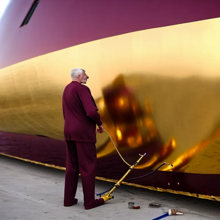 Image similar to wrinkled hunchbacked old man in musty burgundy suit, polishing painting the side of a huge gold plated mega yacht with a cloth, maintenance photo