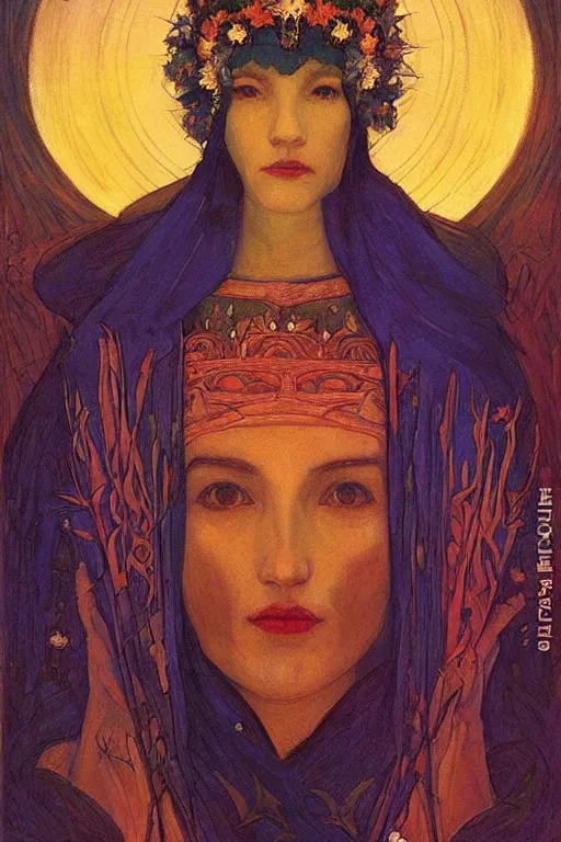 Image similar to queen of the night garden by Annie Swynnerton and Nicholas Roerich, strong dramatic cinematic lighting , ornate headdress , flowing robes, lost civilizations, smooth, sharp focus, extremely detailed