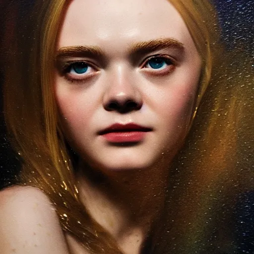 Prompt: Elle Fanning in Santorini at night, head and shoulders portrait, stormy weather, extremely detailed masterpiece, Roger Deakin’s cinematography, oil on canvas, Yoji Shinkawa,