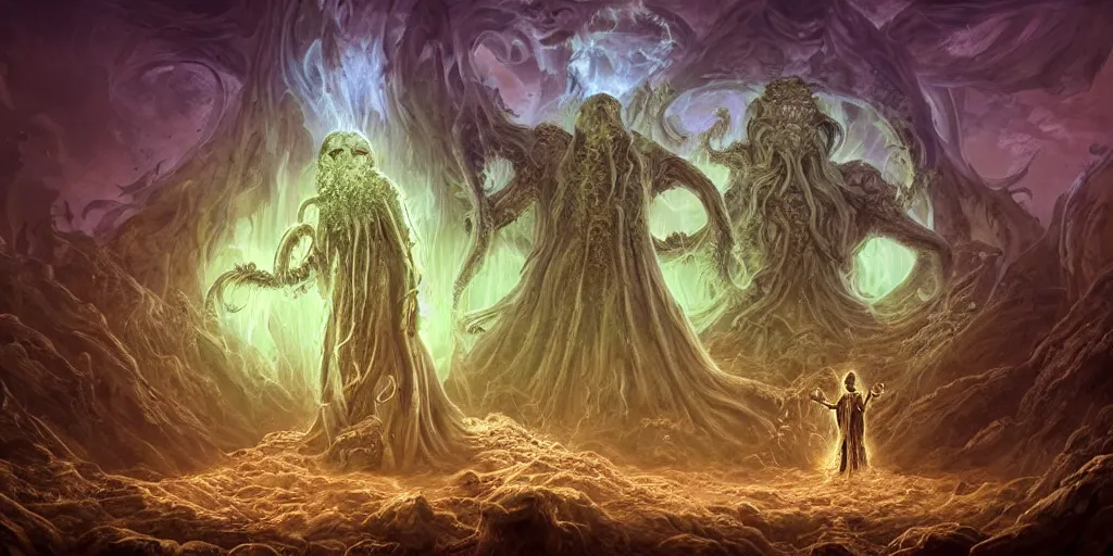 Image similar to portrait of necromancer priest in an invoking ritual in front of a giant cthulhu in a large landscape, intricate, elegant, glowing lights, highly detailed, digital painting, concept art, smooth, sharp focus, illustration, wide - angle portrait, atmospheric lighting, rich deep colors masterpiece, fractal crystals