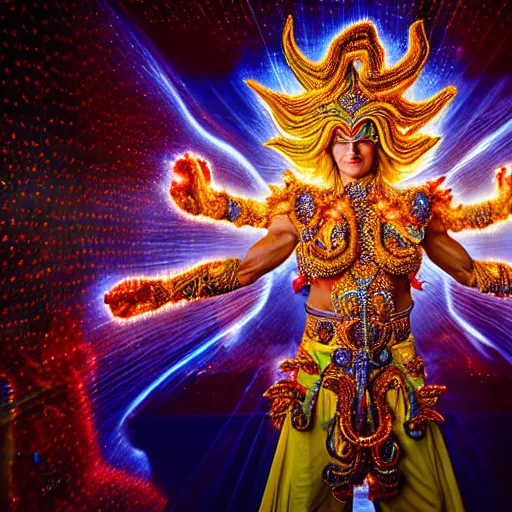 Prompt: uhd photorealisitc candid photo of a cosmic gogeta powering up. intricate details. ornate costume. glowing, powering up. hyperdetailed, accurate, studio lighting. correct face. photo by annie leibowitz and steve mccurry