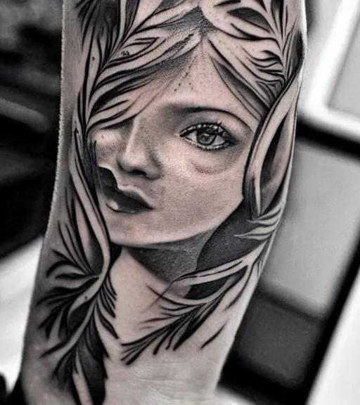 Image similar to a beautiful tattoo design, in the style of den yakovlev, hyper realistic, black and white, realism, highly detailed