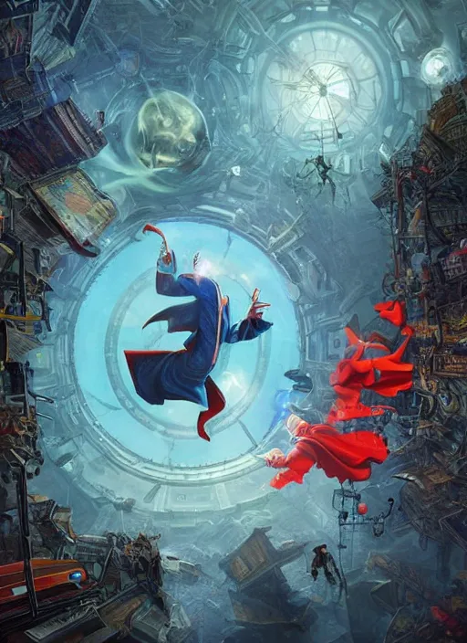 Image similar to the third first image on the scattered absurdity server, dr seuss, and dr strange, very pretty, portal hopping and time warping with wild reckless abandon, dramatic atmosphere, photo realistic, hyperrealism, by Greg rutkowski, Jacek Yerka, Dan Mumford