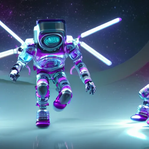 Image similar to 3 d rendered movie still pearlescent robot kitten robots quadruped in epic outer space battles and disco dance contests on saturn. science fiction, blockbuster movie, dystopian future, computer - animated science fiction film, space odyssey, imax, 7 0 mm, 4 k