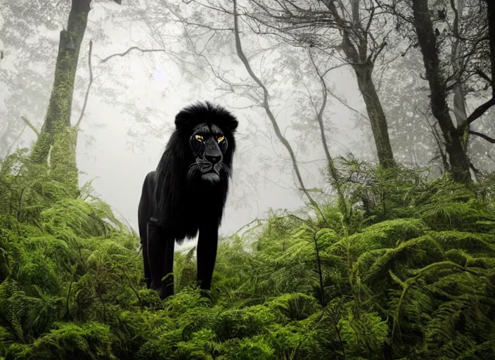 Image similar to professional wildlife photograph of a black lion standing in a foggy dark jungle at night, surrounded by dense dark trees at night, moss, ferns, cinematic lighting, apex predator, natgeo