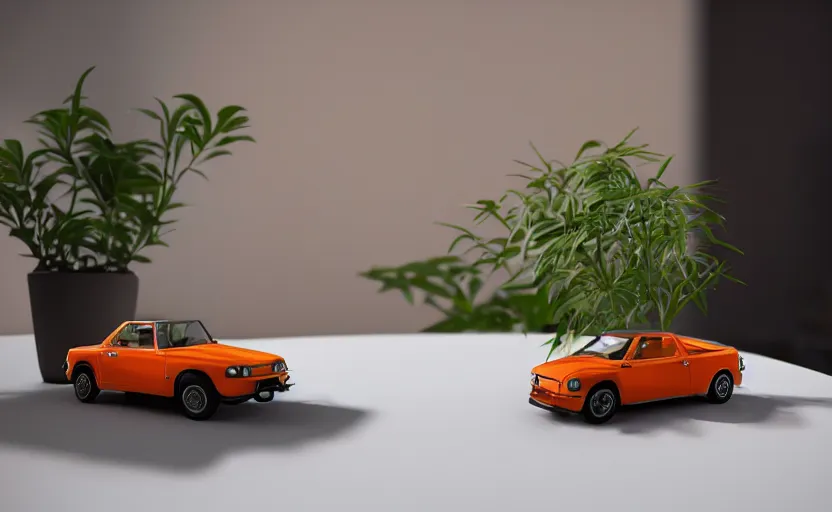 Image similar to a small miniature of a orange Toyota TE27 on a white table near a book and a vase with a plant, hyperrealistic, concept art, octane render, unreal engine 5, path tracing, complementary colors, calm, relaxing, serene, product photo, centered, symmetrical