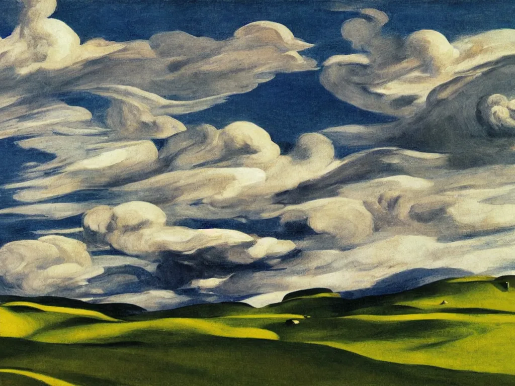 Image similar to dramatic landscape of donegal ireland after the storm, mammatus clouds and lenticular clouds, by edward hopper and giorgio de chirico