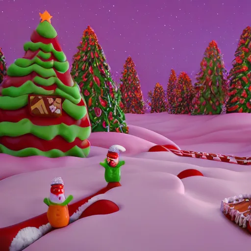 Image similar to cinematic Candy land forest during christmas time with anthropomorphic ginger bread people and candy people, rivers made out of chocolate milk, the sky is pink, 3d render, Trending on artstation