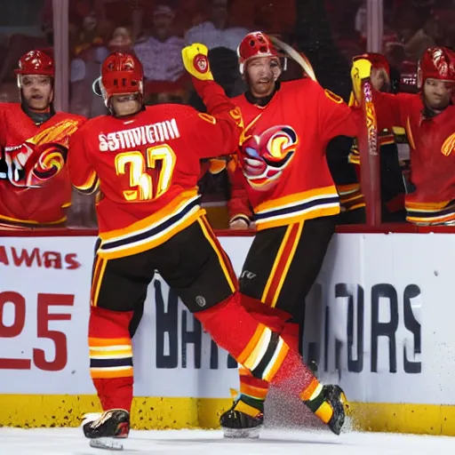 Prompt: the calgary flames with flame throwers