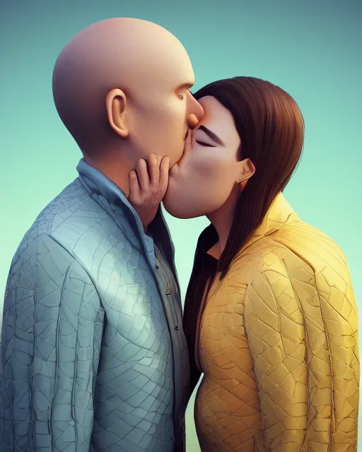 Prompt: 3 d render of kissing couple with profile picture by luis toledo and alex grey and beeple, neosurrealism. digital art, pixel art, concept art, octane render, trending on cgsociety, trending on artstation