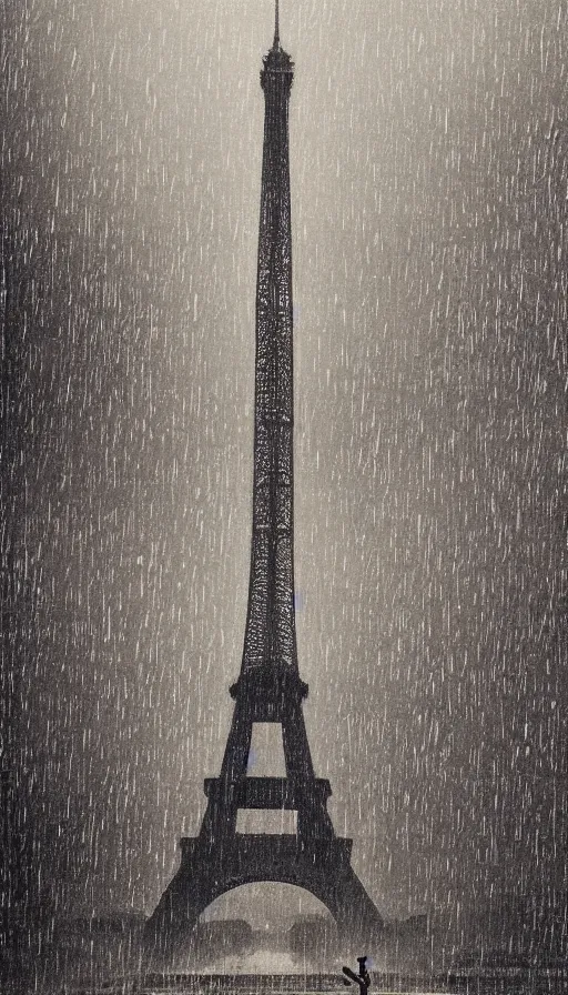 Image similar to eiffel tower in the rain, by hasui kawase, silent, loneliness, cinematic composition