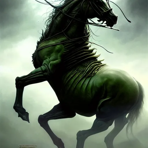 Image similar to concept art by artgerm, pestilence of the four horsemen of the apocalypse, soft green natural light, intricate, hooded death riding a horse, highly detailed dark art, digital painting, artstation, concept art, smooth, sharp focus, illustration, art by greg rutkowski and luis rollo and uang guangjian and gil elvgren, symmetry!