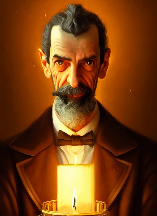 Image similar to portrait of havelock vetinari, discworld, intricate, elegant, candle light, highly detailed, digital painting, artstation, concept art, smooth, sharp focus, illustration, art by wlop, mars ravelo and greg rutkowski