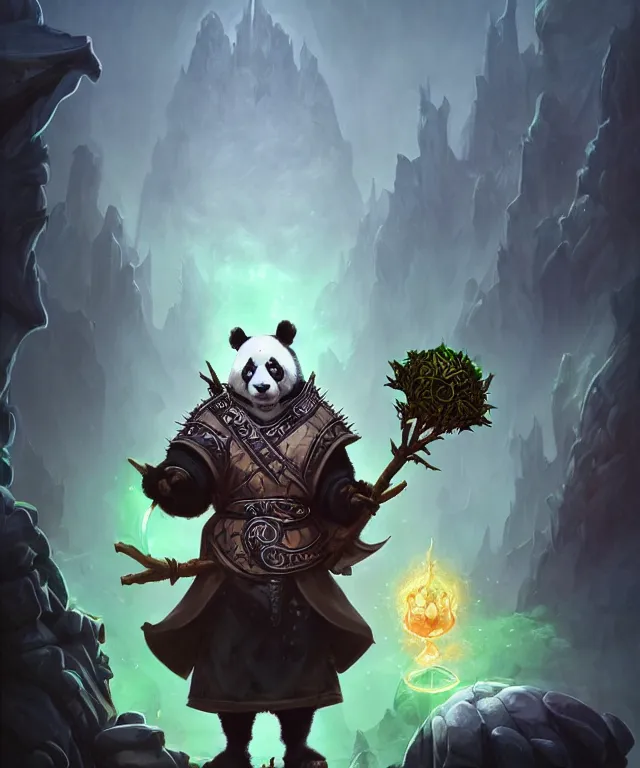 Image similar to a portrait an anthropomorphic panda warlock holding a staff, wearing warlock robes with spiked shoulders, landscape in background, dnd character art portrait, world of warcraft style, by peter mohrbacher, cinematic lighting