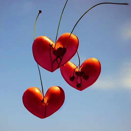 Prompt: A picture of a plant that has hearts as the fruit, blown in the wind with some of the hearts flying with the wind