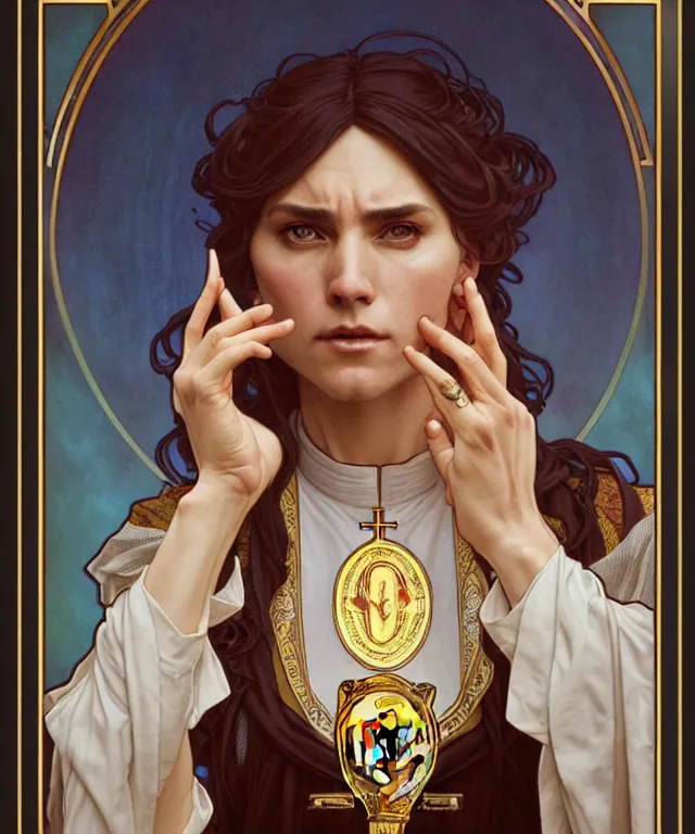 Image similar to a greedy preacher, an evil Catholic priest, portrait, intricate, elegant, highly detailed, 20mm film, art by artgerm and greg rutkowski and alphonse mucha