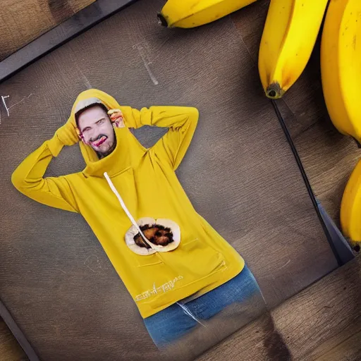 Prompt: a hoodie made from bananas, realistic photo, advertising photography