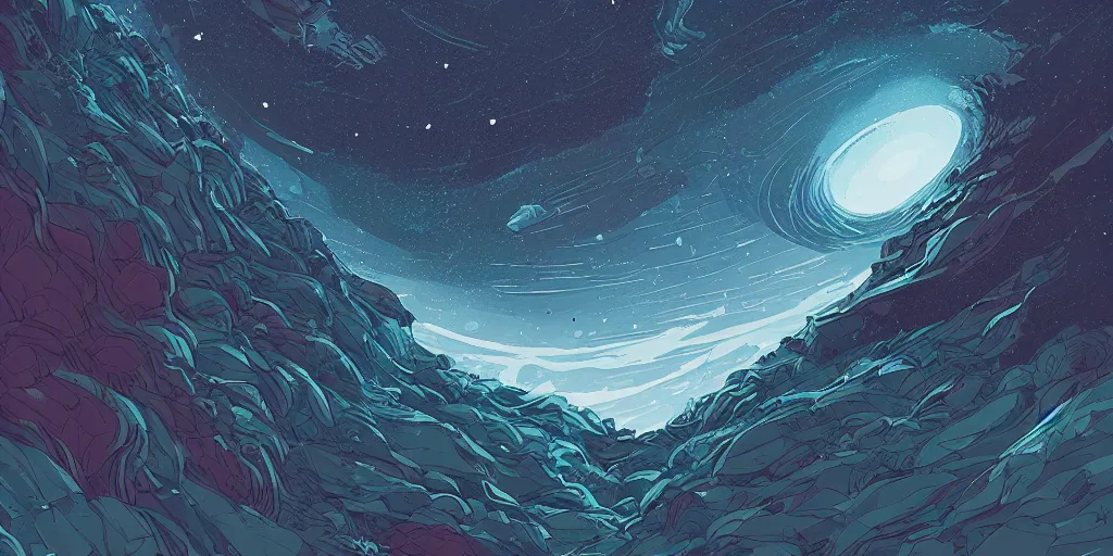 Image similar to concept art of an epic spiral galaxy in style of dan mumford and laurie greasley by james gilleard, very detailed, clean lines, atmospheric, vivid, wide angle