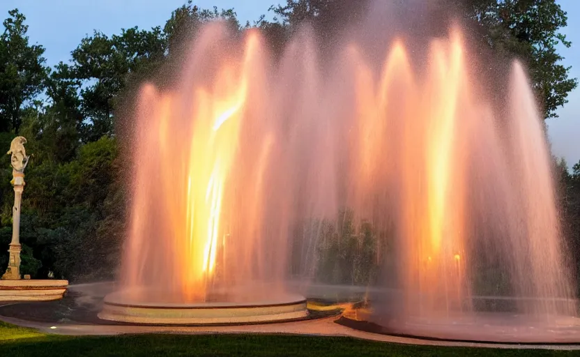 Image similar to a beautiful photo of a roundabout with an italian sculptural fountain shooting fire instead of water, sunset lighting, intricate detail, photorealistic