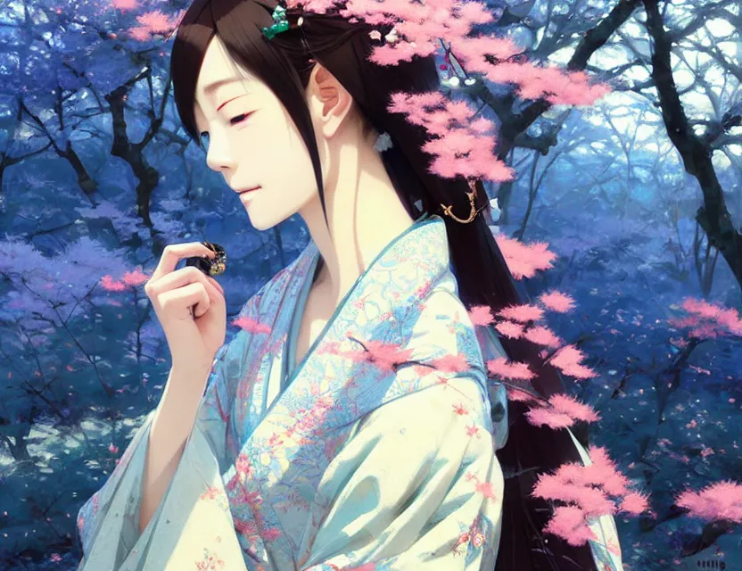 Image similar to a beautiful shibuya 1 0 9 female elf with haori and kimono decollete and jewelry | | snowy, realistic shaded, unpleasant face, channel, fasion, fine details, realistic shaded lighting poster by makoto shinkai, jeremy lipkin, michael garmash, magali villeneuve, artgerm, jeremy lipkin and michael garmash