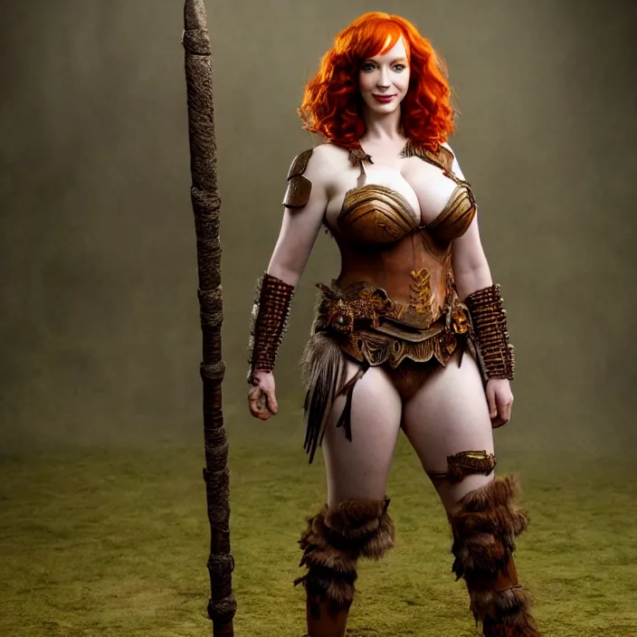 Prompt: professional full length photograph of christina hendricks as a amazon warrior. Extremely detailed. 8k