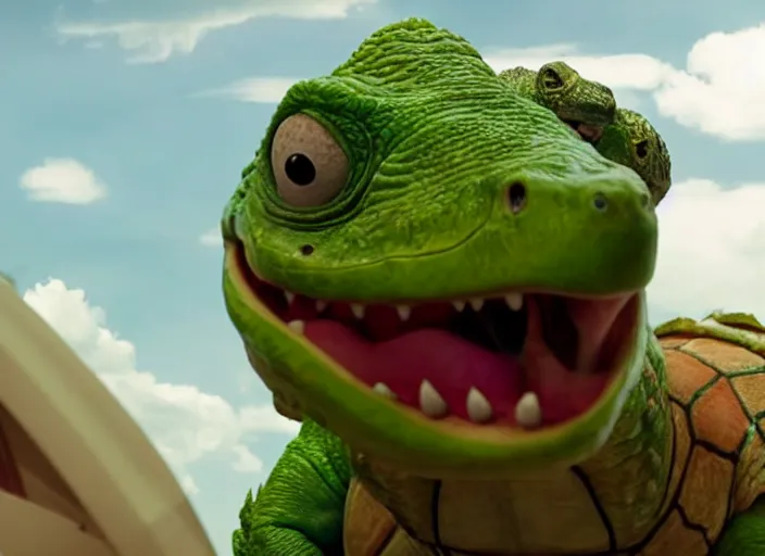 Image similar to film still of yoshi in the new sci - fi movie, upright dinosaur with a small turtle shell and long tongue, 8 k